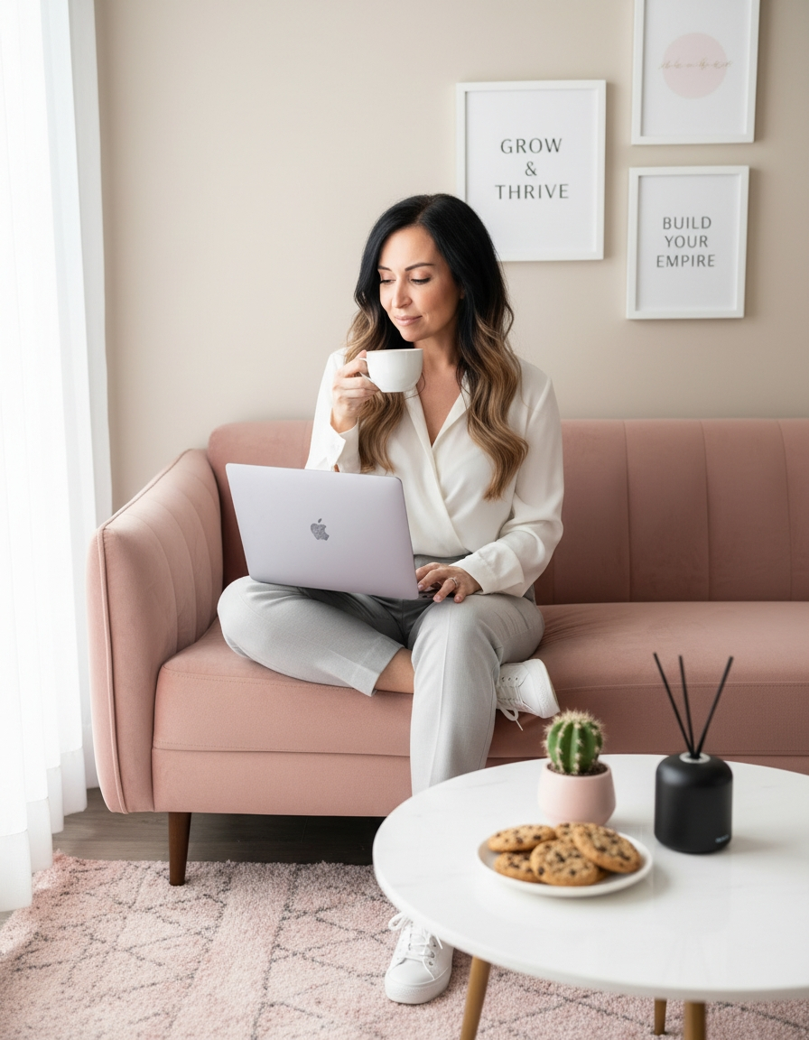 entrepreneur working from her couch with a coffee